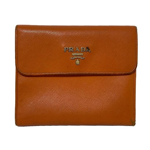 Auth PRADA - 1M0170 Orange Leather Trifold Wallet - Picture 1 of 11